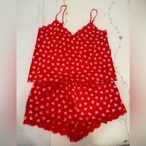 Red Heart Print Lace trim Satin Pajama Short Set
